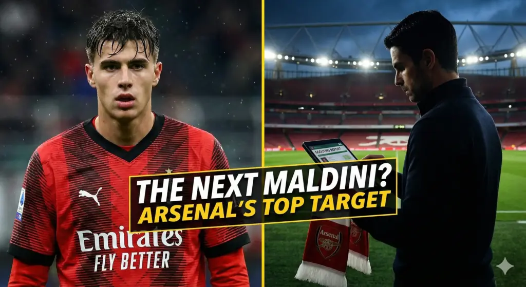 A split-screen graphic showing AC Milan defender Davide Bartesaghi in a red and black kit on the left and Arsenal manager Mikel Arteta analyzing a digital scouting report on the right, featuring a bold text overlay that reads "THE NEXT MALDINI? ARSENAL'S TOP TARGET."
