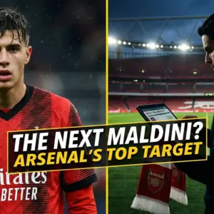 A split-screen graphic showing AC Milan defender Davide Bartesaghi in a red and black kit on the left and Arsenal manager Mikel Arteta analyzing a digital scouting report on the right, featuring a bold text overlay that reads "THE NEXT MALDINI? ARSENAL'S TOP TARGET."