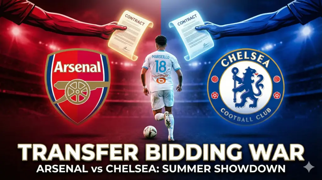 Graphic of Darryl Bakola in a Marseille kit between Arsenal and Chelsea logos with transfer contract offers.