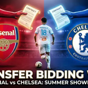 Graphic of Darryl Bakola in a Marseille kit between Arsenal and Chelsea logos with transfer contract offers.