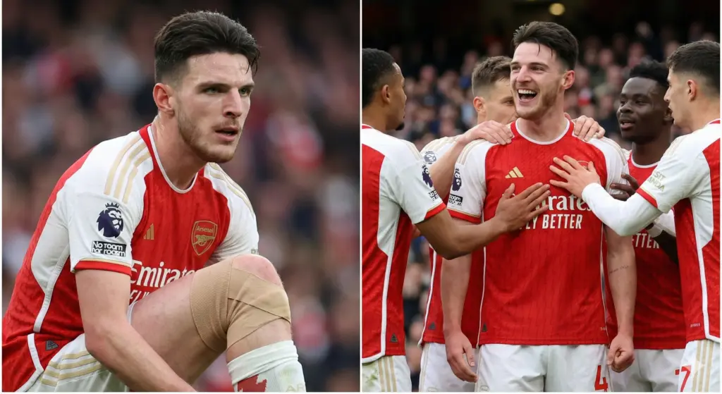 Declan Rice sprinting to make a tackle for Arsenal against Bournemouth at the Vitality Stadium despite knee injury rumours.