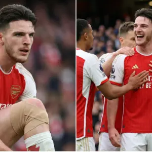 Declan Rice sprinting to make a tackle for Arsenal against Bournemouth at the Vitality Stadium despite knee injury rumours.