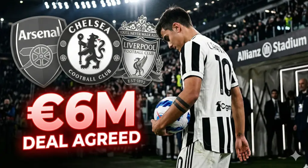 Silhouette of a Juventus player wearing the number 10 jersey walking away, with Arsenal, Chelsea, and Liverpool logos in the background and large text reading €6M Deal Agreed.