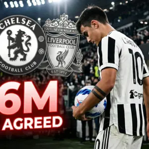 Silhouette of a Juventus player wearing the number 10 jersey walking away, with Arsenal, Chelsea, and Liverpool logos in the background and large text reading €6M Deal Agreed.